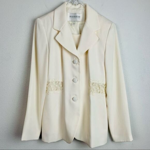 Vintage 80s Hugo Buscati Ivory Lace Trimmed Skirt Suit 2 Piece Set - Picture 12 of 16